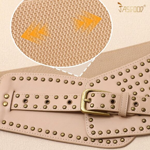 Women's Elastic Wide Belt Vintage Studded Stretchy Waist Belts Dress Pants Beige - Picture 5 of 5